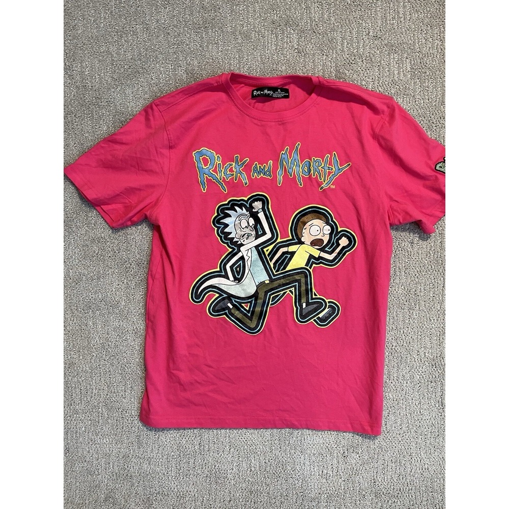 Rick and Morty Hot Pink Felt Graphic Sleeve Patch‎ Shirt Adult Swim Sz XL